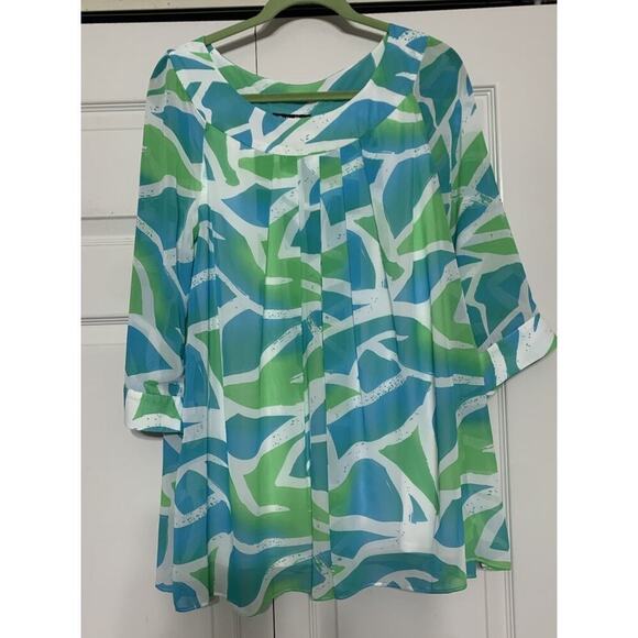 Dana Kay Lightweight Flowy Career Tunic Top Blouse Sz 16 Blue & Green Pleated - Picture 2 of 8